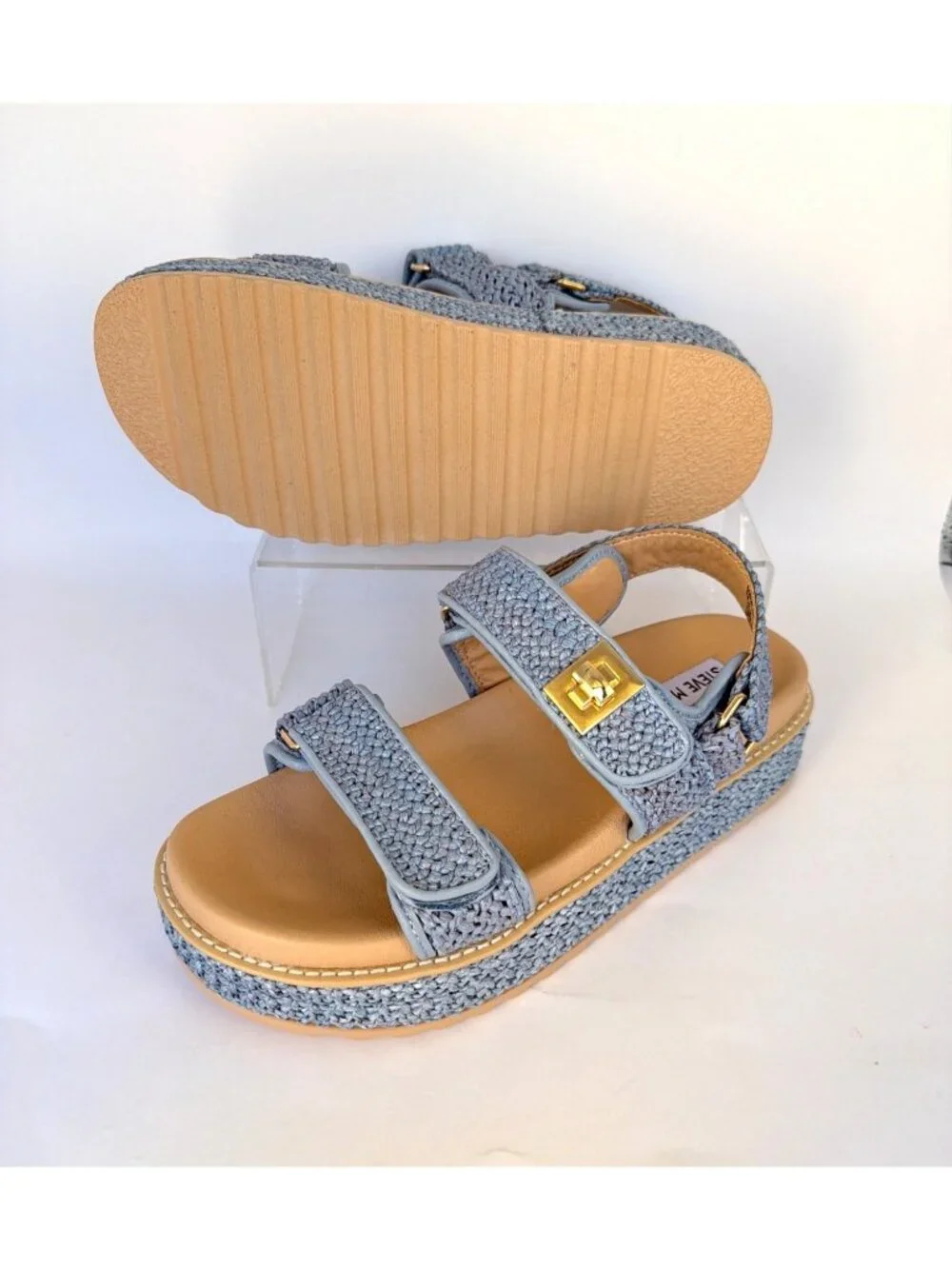 Steve Madden Blue Bigmona Platforms Raffia Sandals Women Size 9